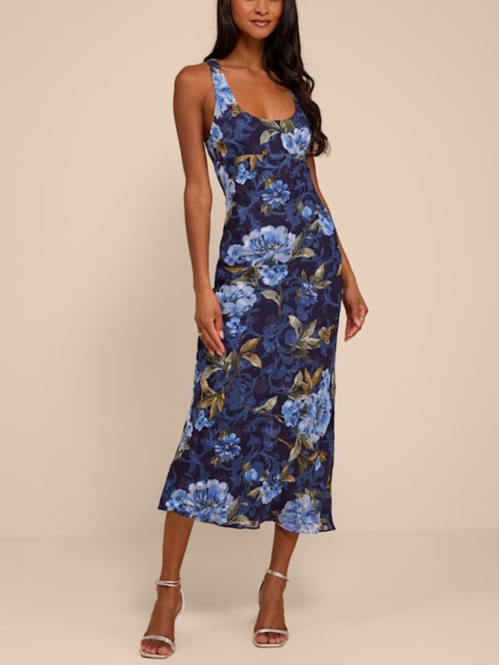 Lulus Lilia Dark Blue Floral Scoop Neck Midi Dress - Size XS